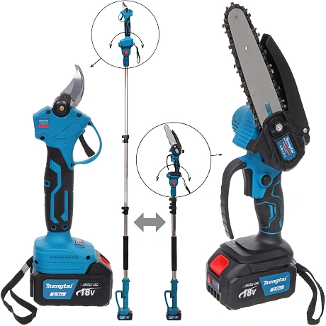 Набор пила цепная+секатор аккум.+телескопический удлинитель 2м. Mengtai (18В, 2,0Ач Li-ion аккум. 2шт, ЗУ 2 цепочки) MGT-4K