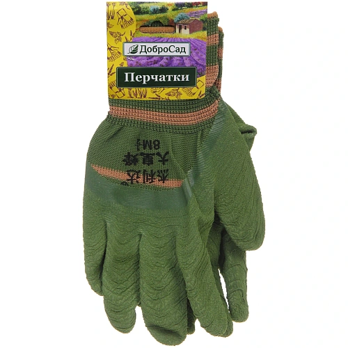 Перчатки нейлоновые "Полоска" с резиновым покрытием полуоблитые, зеленые 8 р-р ДоброСад