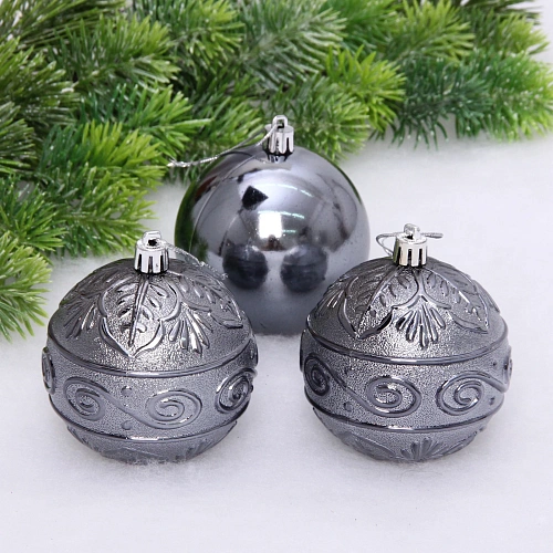 Новогодние шары 8 см (набор 3 шт) "Микс фактур", графит