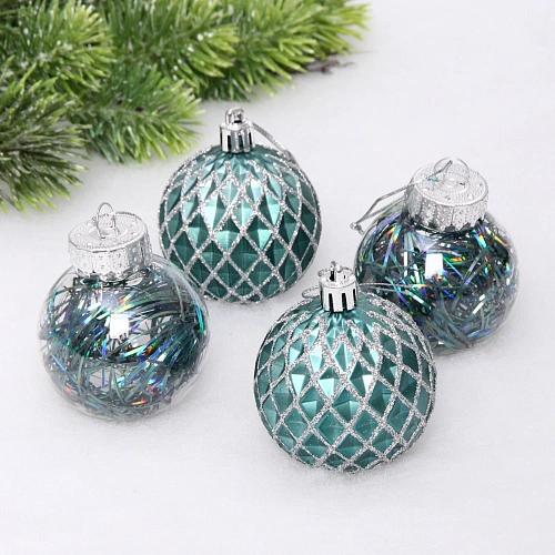 Новогодние шары 6 см (набор 4 шт) "Яркая метель", нефрит/серебро