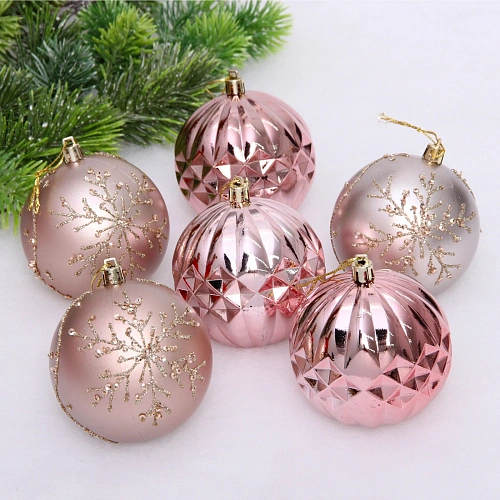 Новогодние шары "Волшебный бал" 8 см (набор 6 шт), Розовое золото/Шампань