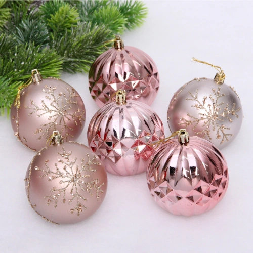 Новогодние шары "Волшебный бал" 8 см (набор 6 шт), Розовое золото/Шампань