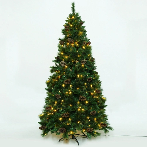 Елка светодиодная "Лесная метель" 240 см, ПВХ+леска (шишки и напыление) 1511 веток, 310 ламп LED,Теплый белый