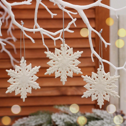 Подвески в блестках "Снежинки белые" 6,5 см (набор 3шт), белый