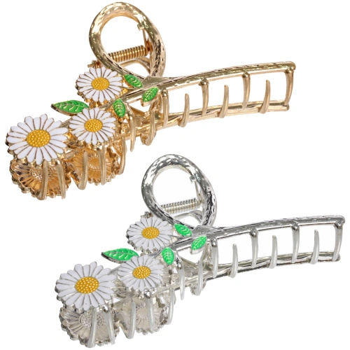 Заколка-краб для волос "AKS - DesignPRO", ромашки, цвет золото и хром, 11*5см