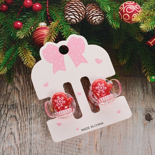 Заколки - крабы для волос 2шт на блистере Новогодние друзья - Варежки, 2см (в пакете с подвесом)_3