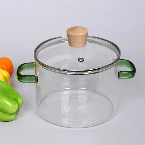 Кастрюля из боросиликатного стекла 1,5л Хай-Тек со стеклянными зелеными ручками_10