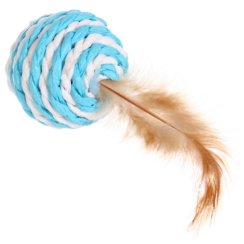 Игрушка - шарик для кошек ИГРУЛИК, перышко, цвет голубой, d-5см, длина 10см (пакет с подвесом)_3