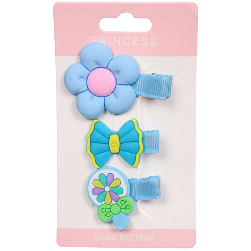 Зажимы для волос детские 3шт на блистере "РОЗОВЫЙ МИР", цветочек, цвет голубой, 5*3,5см (пакет с подвесом)