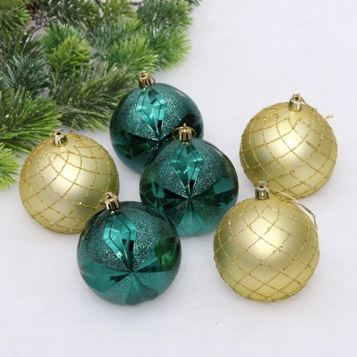 Новогодние шары "Снежный вальс" 8 см (набор 6 шт), Изумруд/Золото