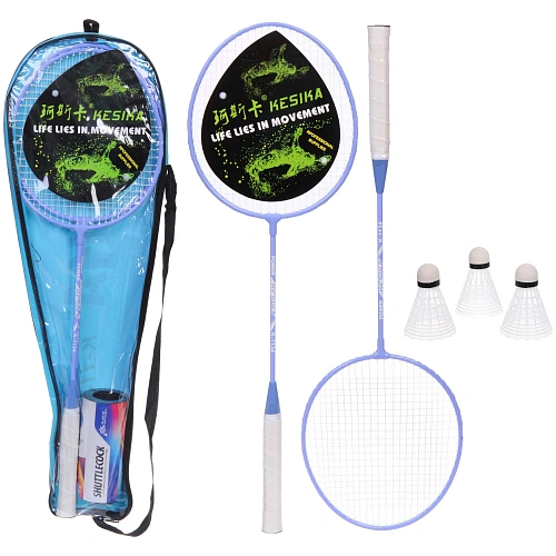 Бадминтон в наборе K-1134: 2 металлические ракетки 65 см,волан 3 шт, чехол (цвет: голубой)