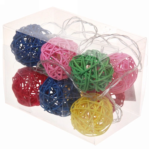 Гирлянда для дома  2м 10 ламп LED с насадками ШАР ПЛЕТЕНЫЙ ЦВЕТНОЙ d-5 см, прозрачпровод, Теплый белый_7