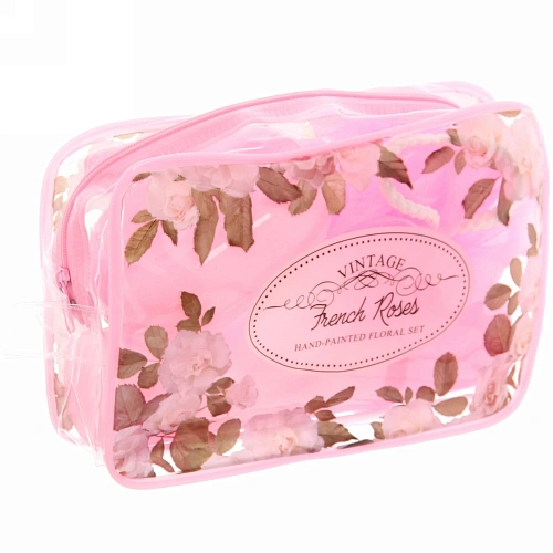 Набор банный дорожный 4шт Traveler - Цветы, цв розовый, (мочалка, футляр 2шт, расческа), 22156_3