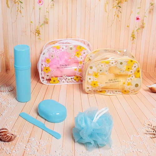 Набор банный дорожный 4шт Traveler - Ромашки, микс 3 цв, (мочалка, футляр 2шт, расческа), 2015,58,5_14