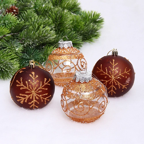 Набор шаров "Морозная вуаль" 8 см (в наборе 4 шт), Шоколад, янтарь