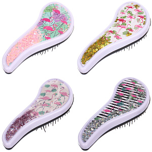 Расческа массажная компактная "ТРОПИКИ", блестки, микс 4 дизайна, 18*7,5см (PVC коробка)