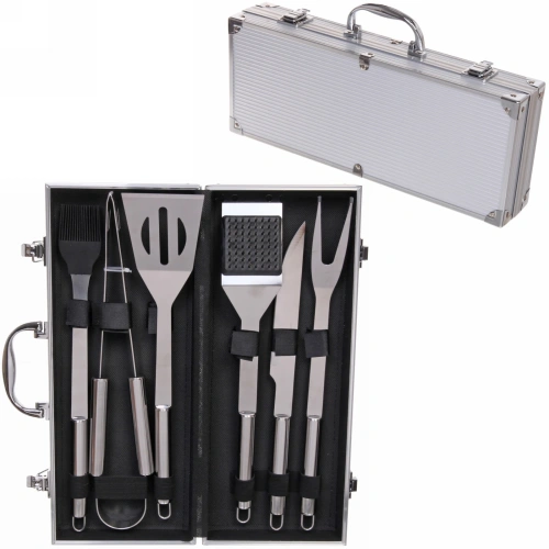 Набор для барбекю из 6 предметов в кейсе LX-0036: щипцы, вилка, лопатка, нож, кисточка кулинарная, щетка-скребок