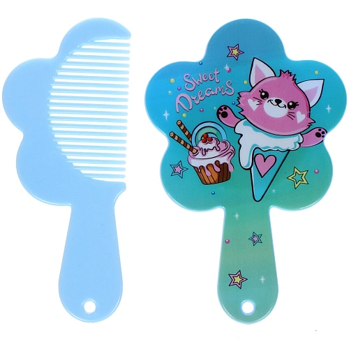 Расческа с зеркалом в наборе детские МИМИШКИ, котик, цвет лазурный, 11см _3