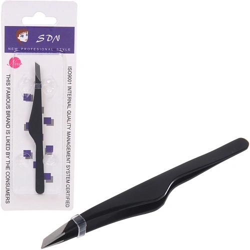 Пинцет для бровей из нержавеющей стали на блистере "Bon Kapriz", скошеный, цвет черный, 9,5см