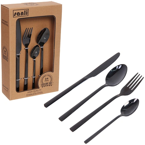 Набор столовых приборов "SANLI" 24шт (6ножей, 6вилок, 6ст.ложек, 6ч.ложек), цвет черный