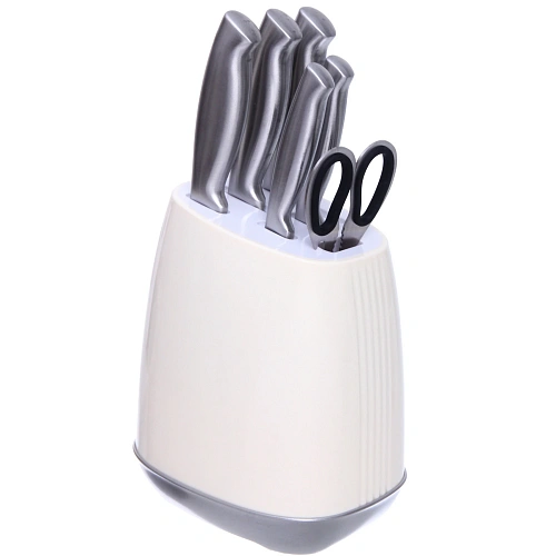 Набор ножей SHEF 7предметов (5ножей+ножницы+подставка), молочный_3