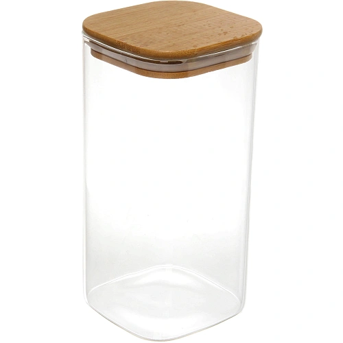 Банка для продуктов стеклянная 1200мл "Хай-Тек" с бамбуковой крышкой, квадратная 10*20см