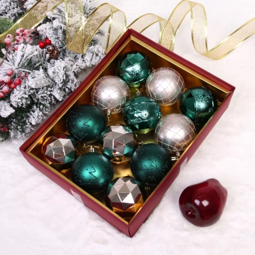 Новогодние шары "Волшебный вальс" 8 см (набор 12 шт), Изумруд/Шампань