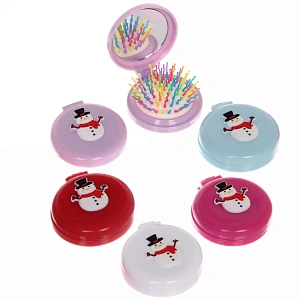 Расчёска массажная складная с зеркалом "Веселый Снеговичок", цвет микс, d-6см