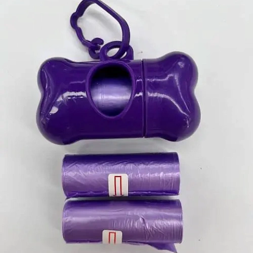 Контейнер с 3 упаковками пакетов для уборки за собакой с карабином, цвет фиолетовый (3*15шт)