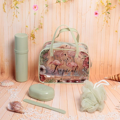 Набор банный дорожный 4шт Traveler-Фламинго, цв зеленый, (мочалка, футляр 2шт, расческа), 20167,_4