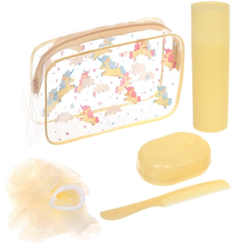 Набор банный дорожный 4шт "Traveler-Единорог", цв желтый, (мочалка, футляр 2шт, расческа), 20*12*6