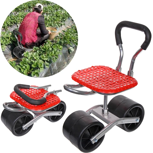 Стул садовый на колесах для прополки и работы в саду 35*47*14см с поворотным механизмом(360°) складная спинка, цвет красный