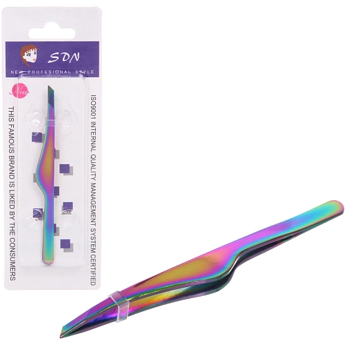 Пинцет для бровей из нержавеющей стали на блистере "Bon Kapriz", скошеный, цвет хамелион, 9,5см