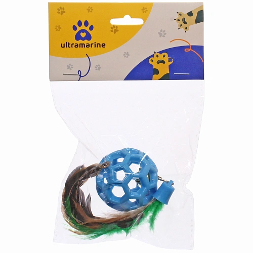 Игрушка - шарик для кошек МУРОЧКИН, цвет синий, с бубенчиком и перышками, 4,5см_4