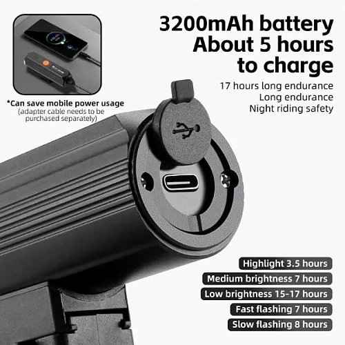 Фонарь велосипедный, передний West Biking YP0701434 (аккум 3200 mAh, Tape-C)_17